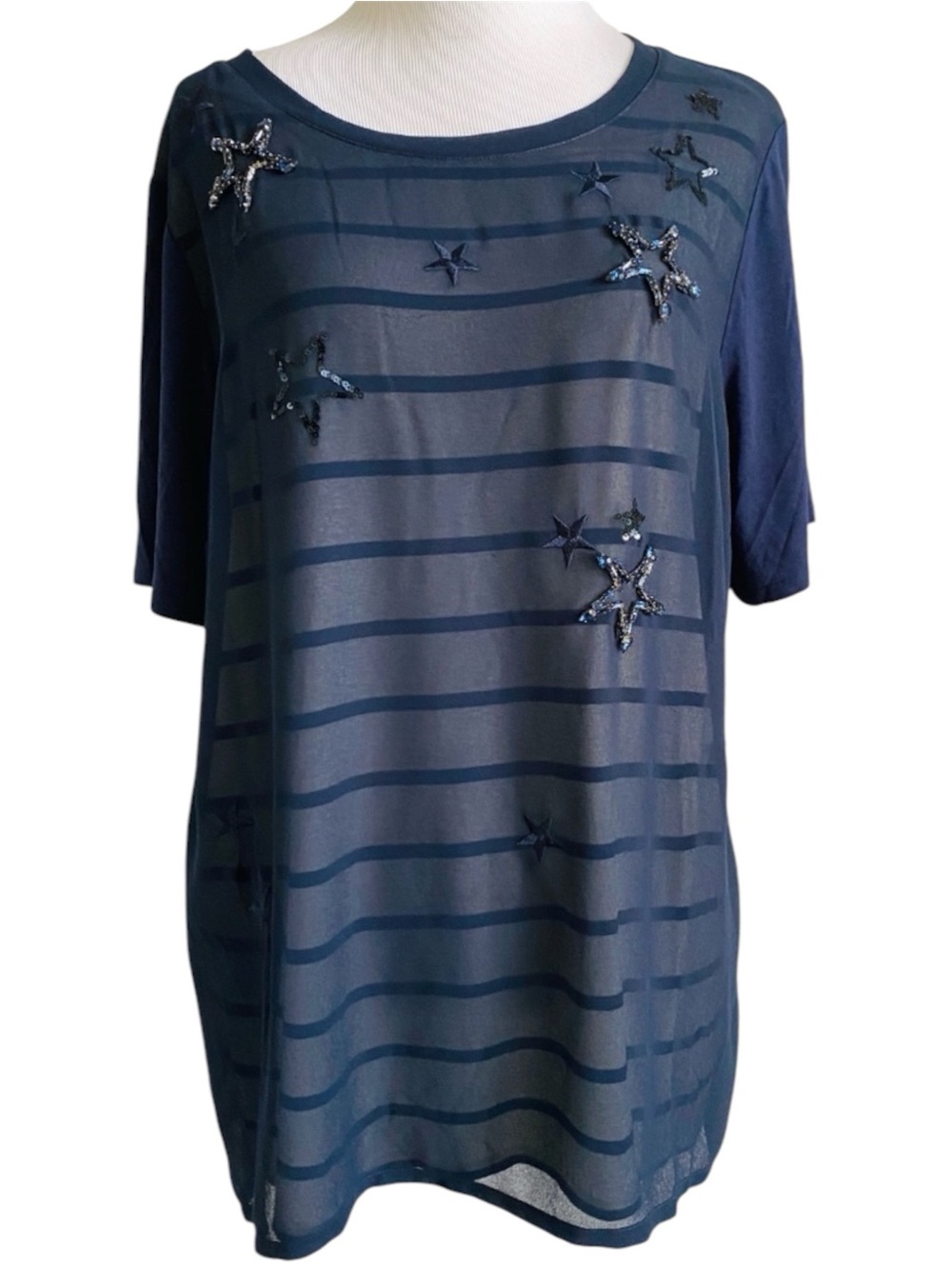 Les Copains Italy Navy Striped Top Blouse Stars Old Money Nautical Preppy XL
